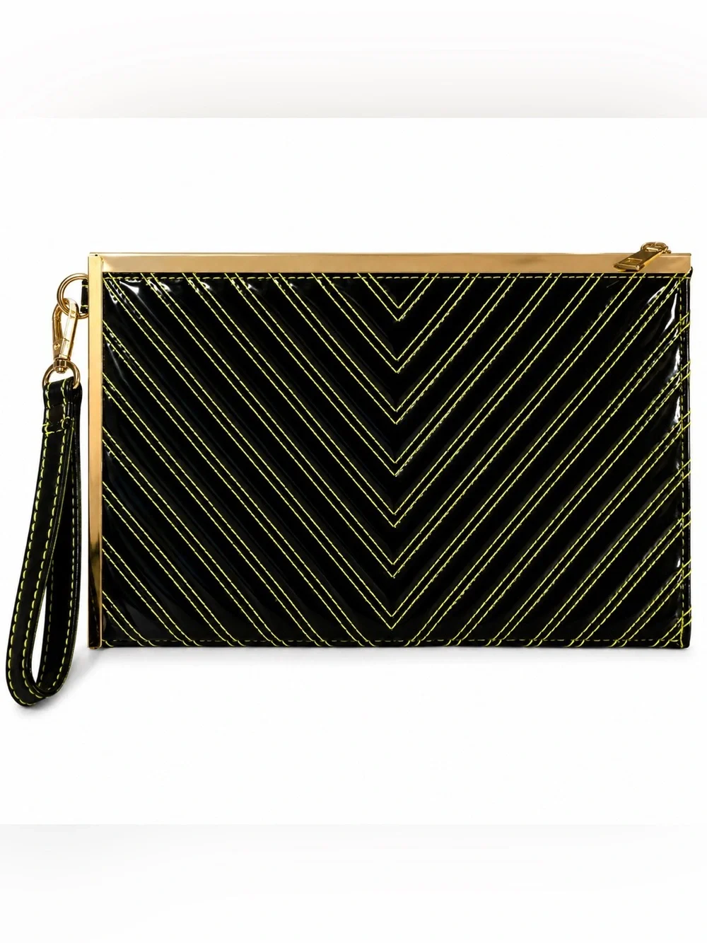 Black Patent Faux Leather Wristlet Clutch Neon Chevron Stitching Gold Hardware